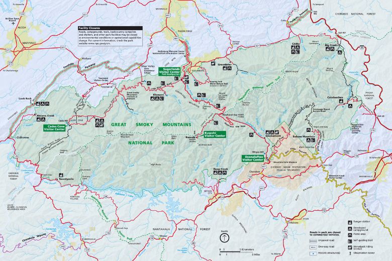 Great Smoky Mountains National Park Map with Trails, Drives, and Picnic Spots